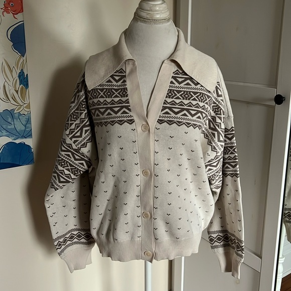 LOFT Outlet 100% Cozy Cotton Fair Isle Cardigan Sweater with Collar - XL - Picture 2 of 10